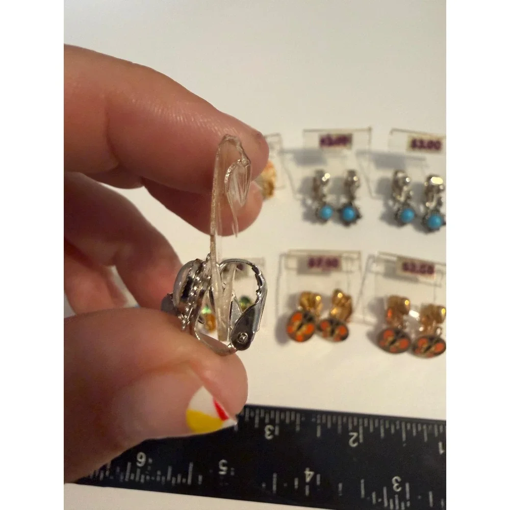 Vintage Clip On Earring Lot 8 Pairs Enamel Butterfly Turquoise Tone Floral Mixed